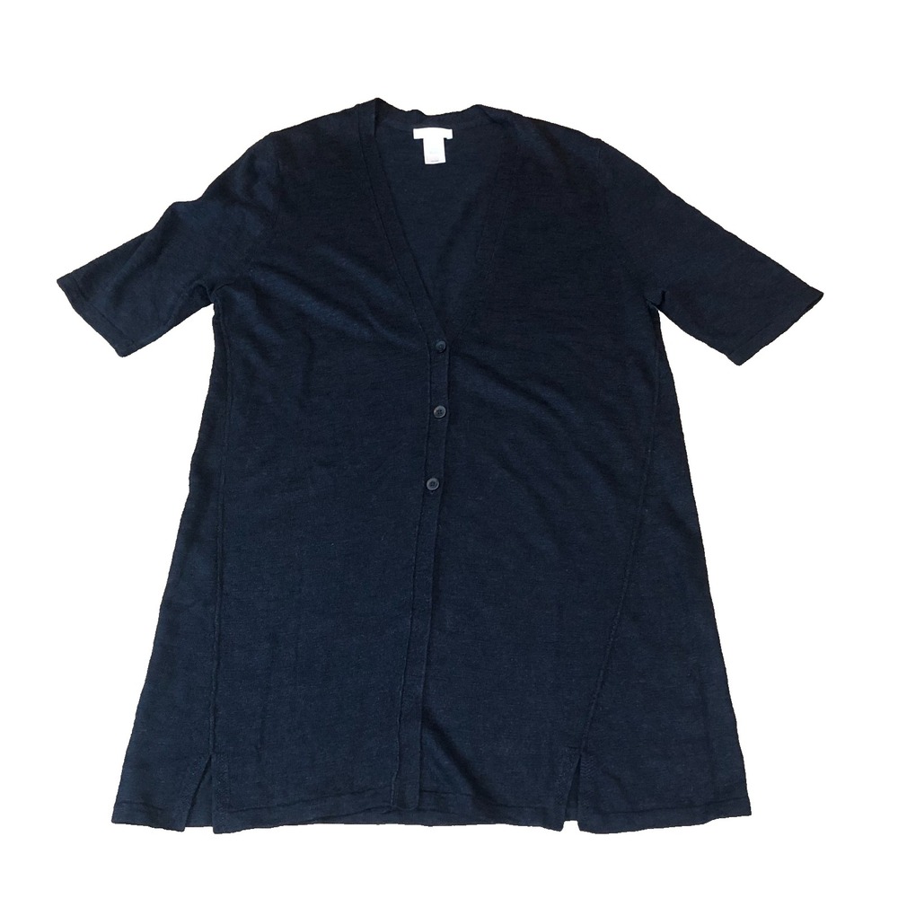 Womens J Jill Navy Blue Short Sleeve Cardigan Sweater Linen Blend Preppy Coastal